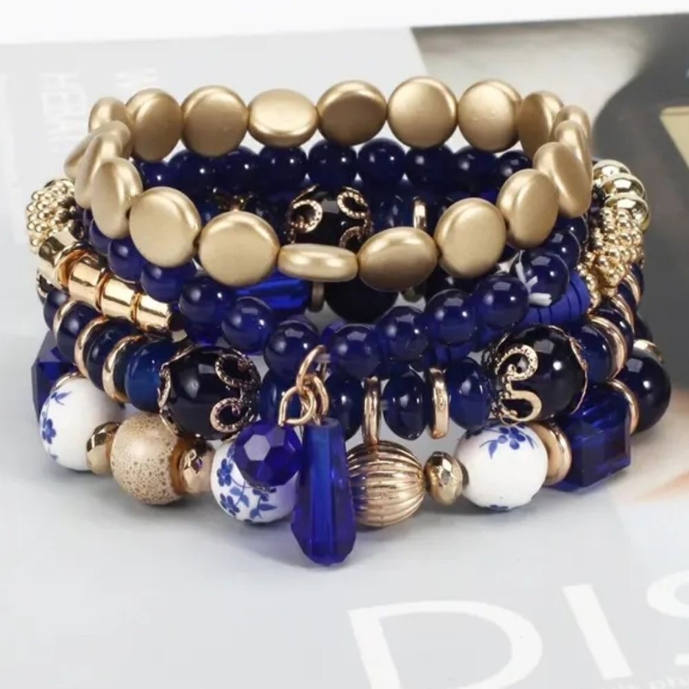 4 Boho Blue & Gold Stackable bracelets